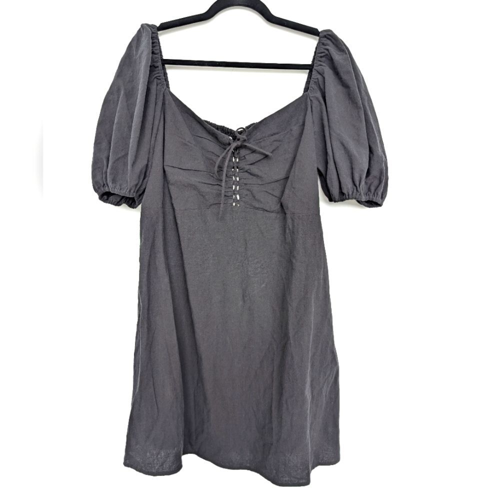 NWT Linen Cotton Sweetheart Neckline Puff Sleeve Dress H&M in Black Sz XL